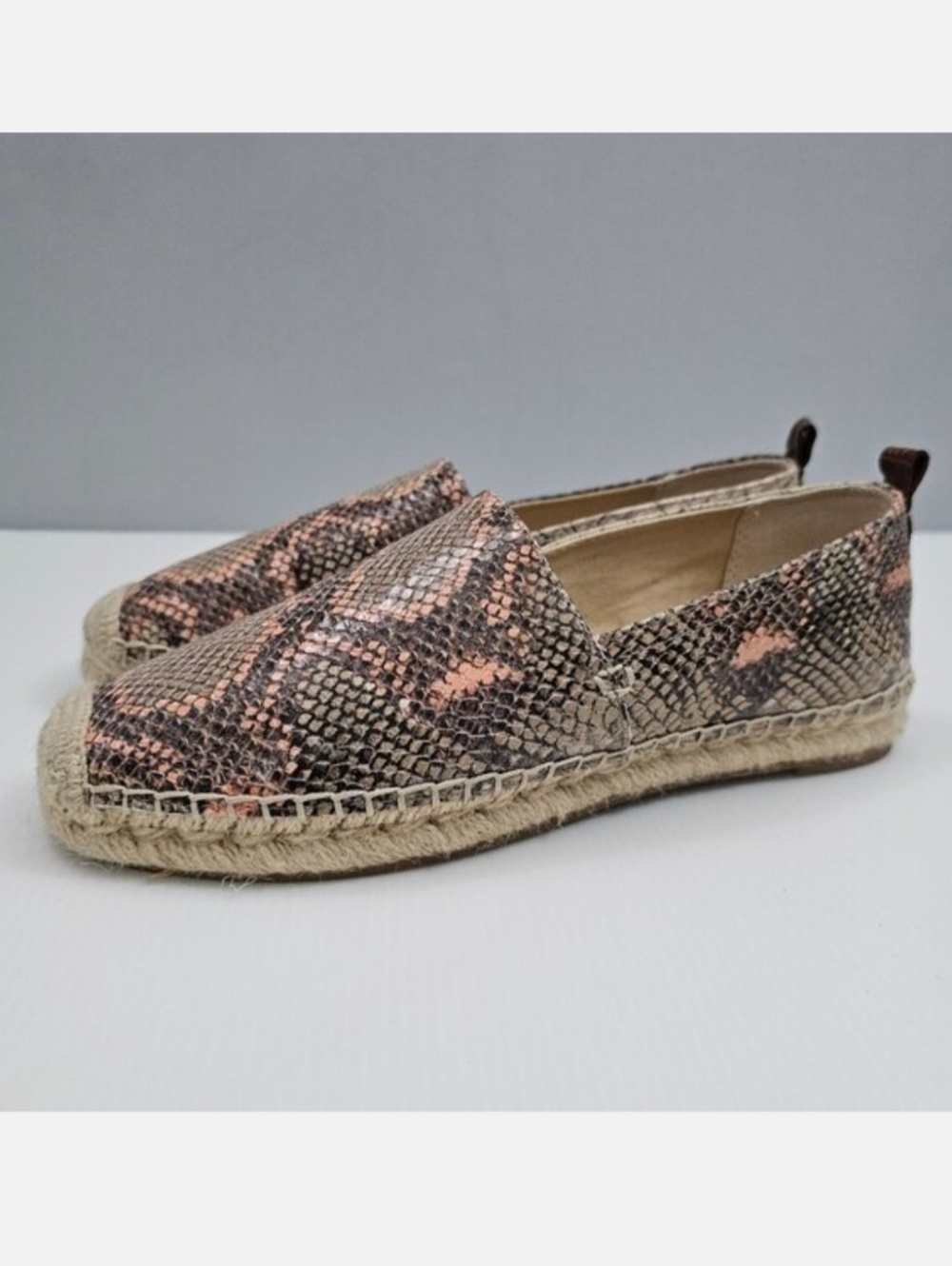 Sam Edelman Khloe Espadrille Flat Womens 8 Peach Snake Print Leather Slip On NEW